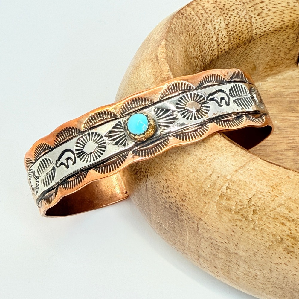 Statement Navajo Copper Sterling Silver Turquoise Bear Cuff Bracelet